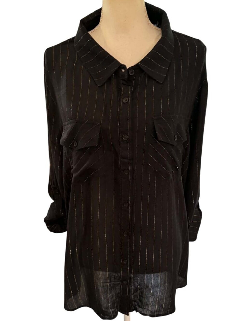 Zenobia black button-down shirt featuring shimmering gold metallic pinstripes
